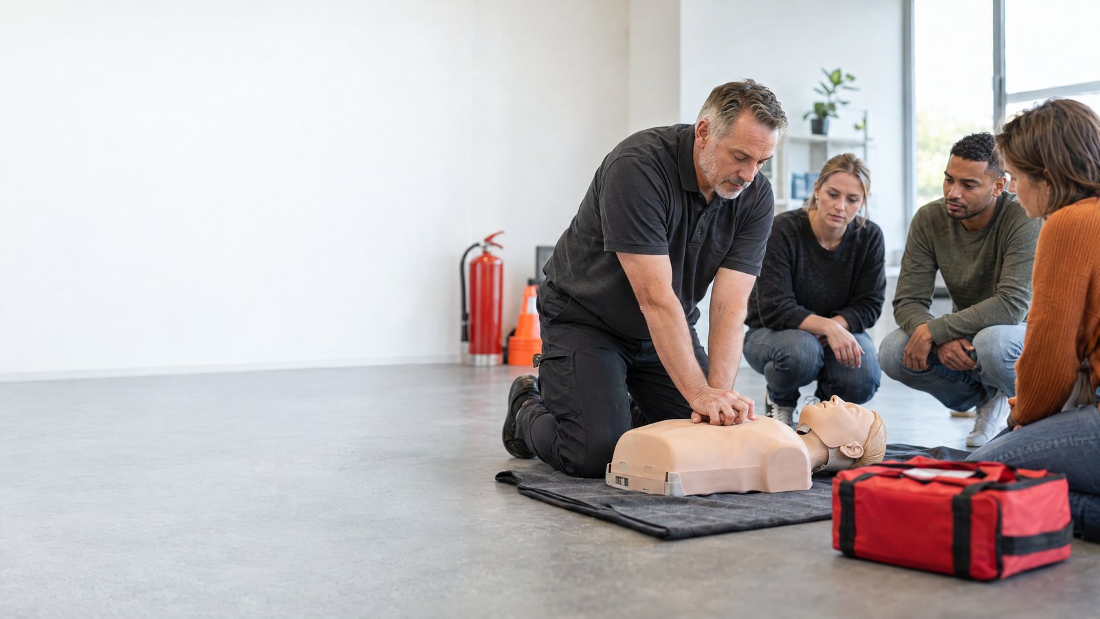 Trainer begeleidt een reanimatieoefening met een team.