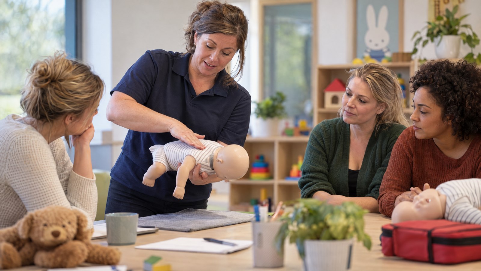 Trainer geeft kinder-EHBO-instructie aan professionals.