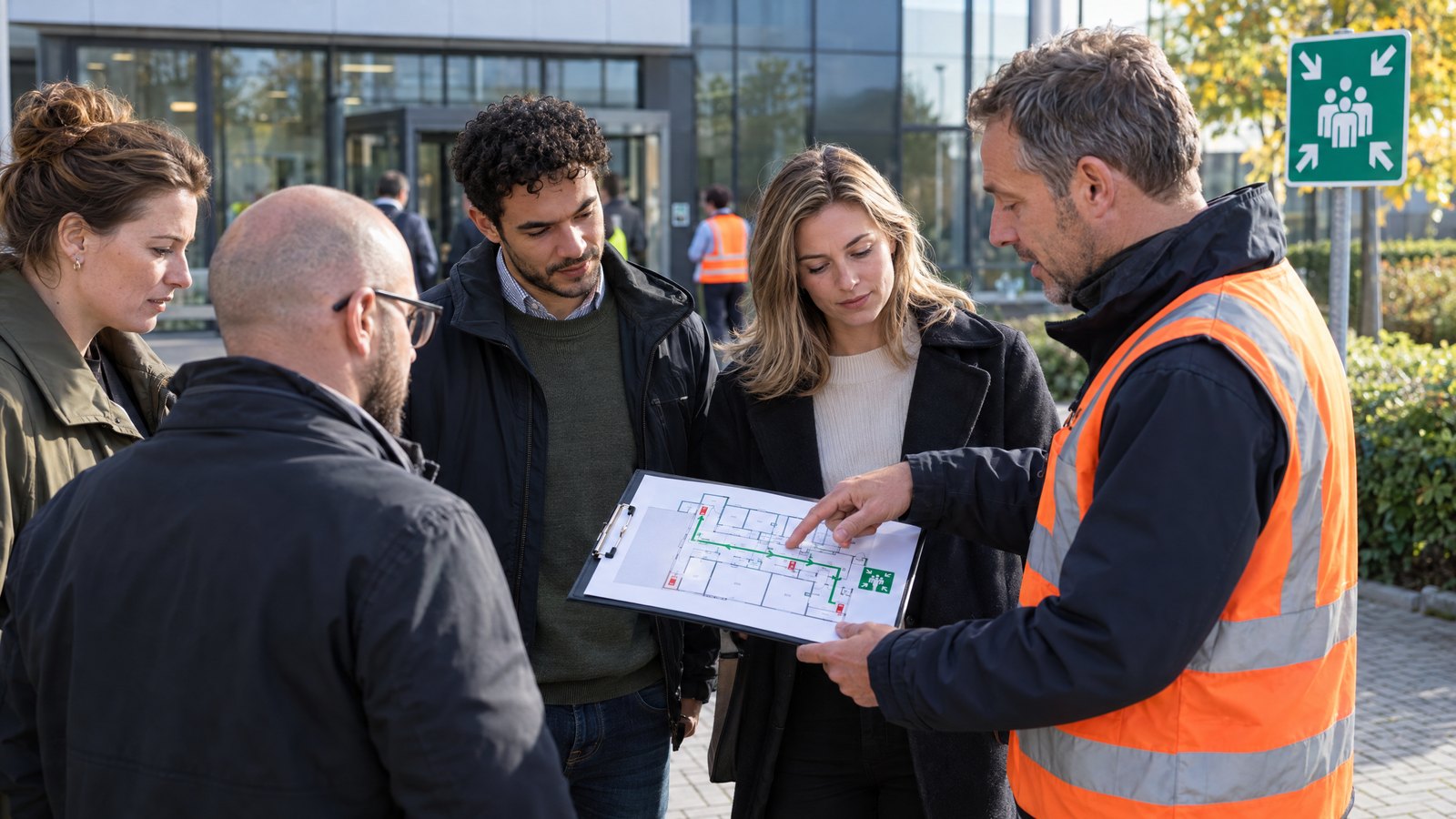 Team bespreekt een ontruimingsoefening met een trainer.
