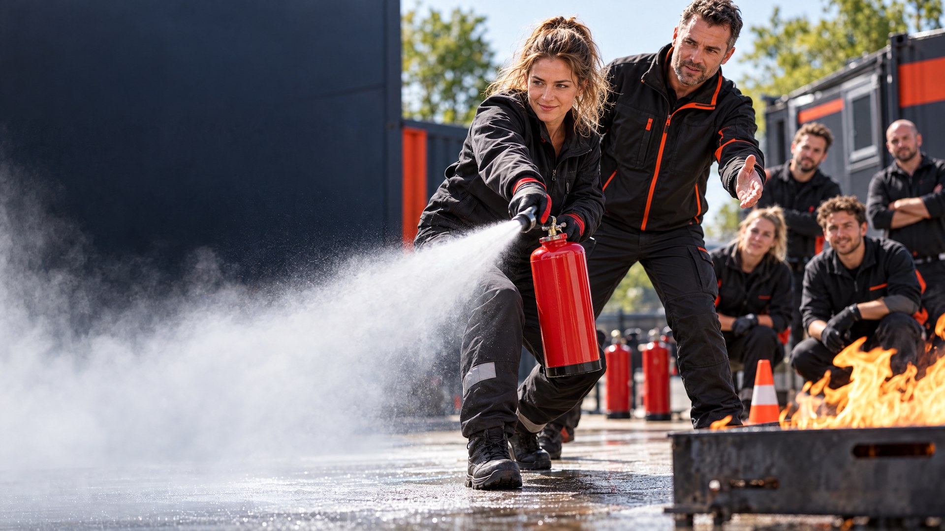 Deelnemer oefent onder begeleiding met een brandblusser tijdens een BHV-training.